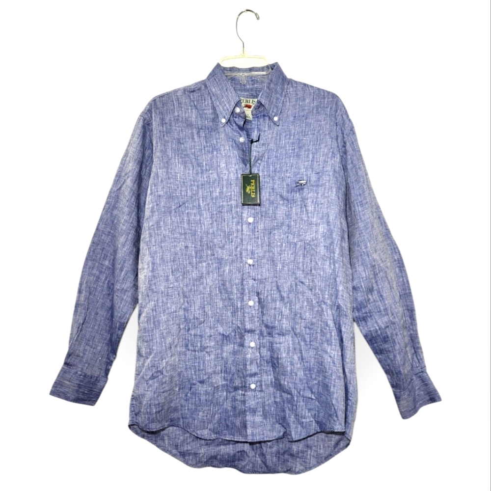 PERLIS Linen Long-sleeve Button-down Shirt with White Crawfish Logo Small